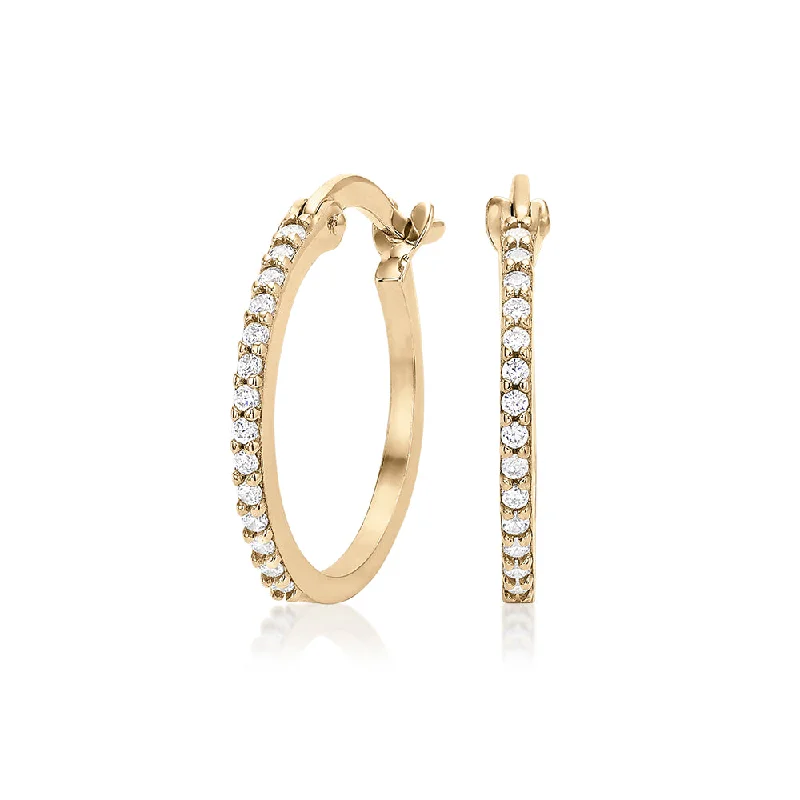 women's trendy drop earrings-Round Brilliant hoop earrings with diamond simulants in 10 carat yellow gold