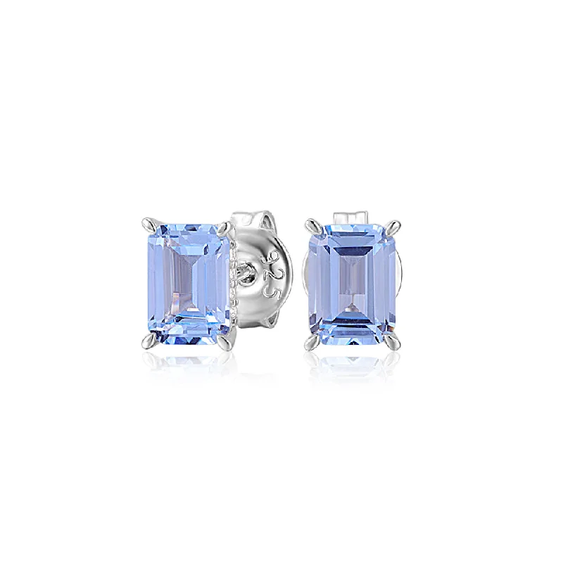 women's engraved earrings-Emerald Cut stud earrings with blue topaz simulants in sterling silver