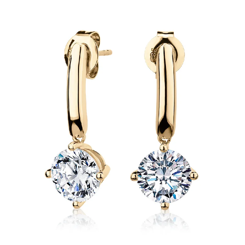 women's luxury diamond earrings-Round Brilliant drop earrings with 3.34 carats* of diamond simulants in 10 carat yellow gold