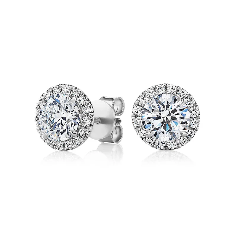 women's dangly earrings-Signature Simulant Diamond 2.35 carat* TW round brilliant halo earrings in 14 carat white gold