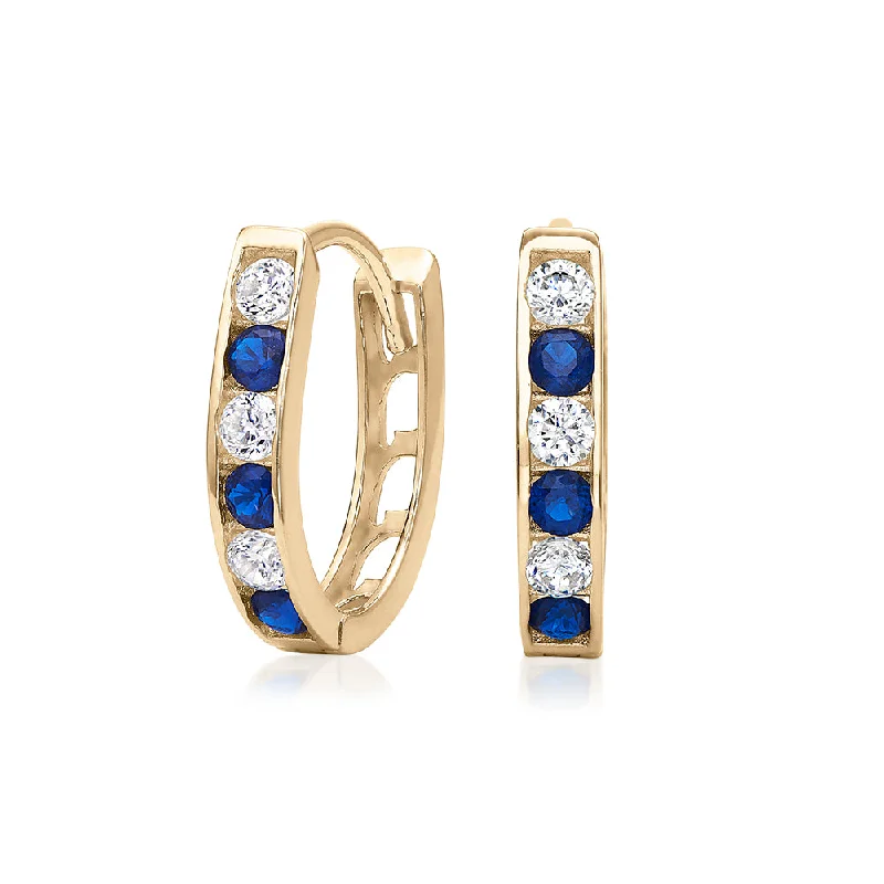 women's engraved earrings-Round Brilliant hoop earrings with ceylon sapphire and diamond simulants in 10 carat yellow gold