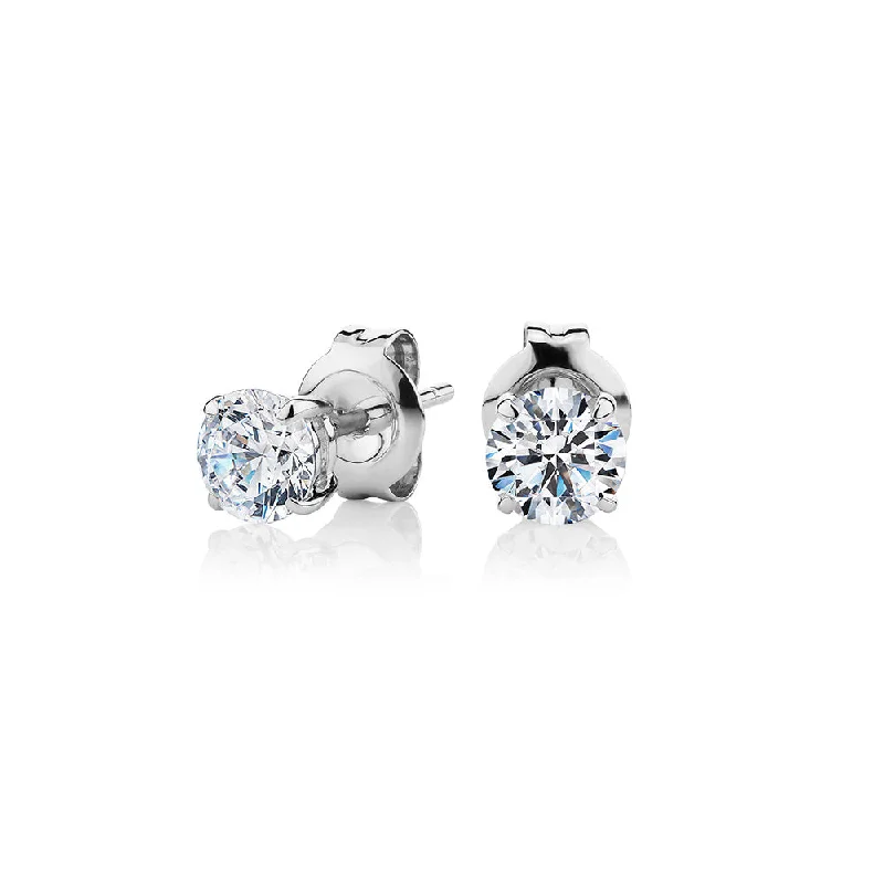 women's classic diamond earrings-Round Brilliant stud earrings with 1 carat* of diamond simulants in 10 carat white gold