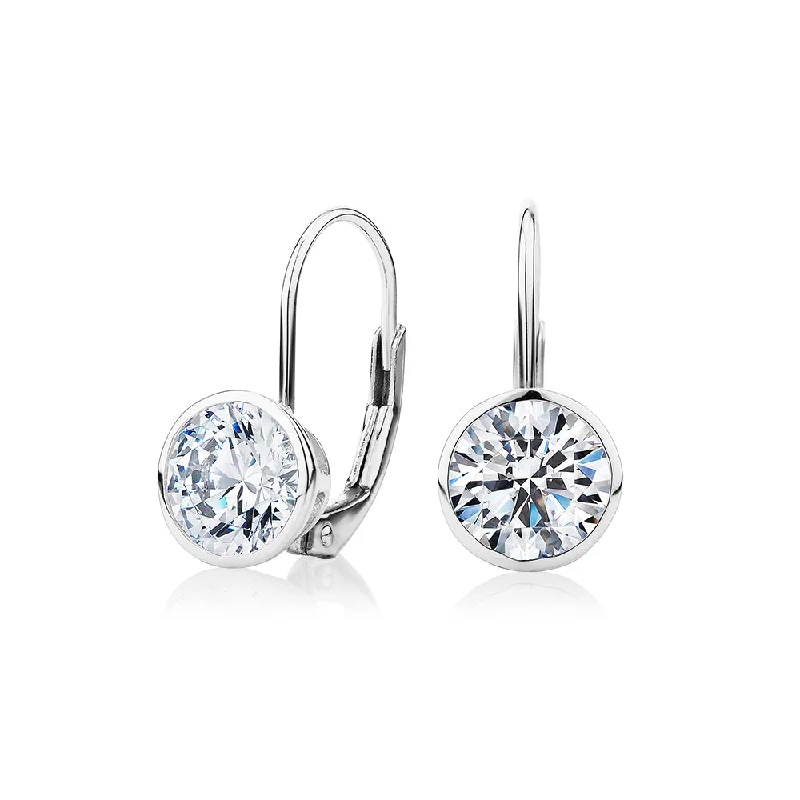 women's textured earrings-Round Brilliant drop earrings with 2 carats* of diamond simulants in 10 carat white gold