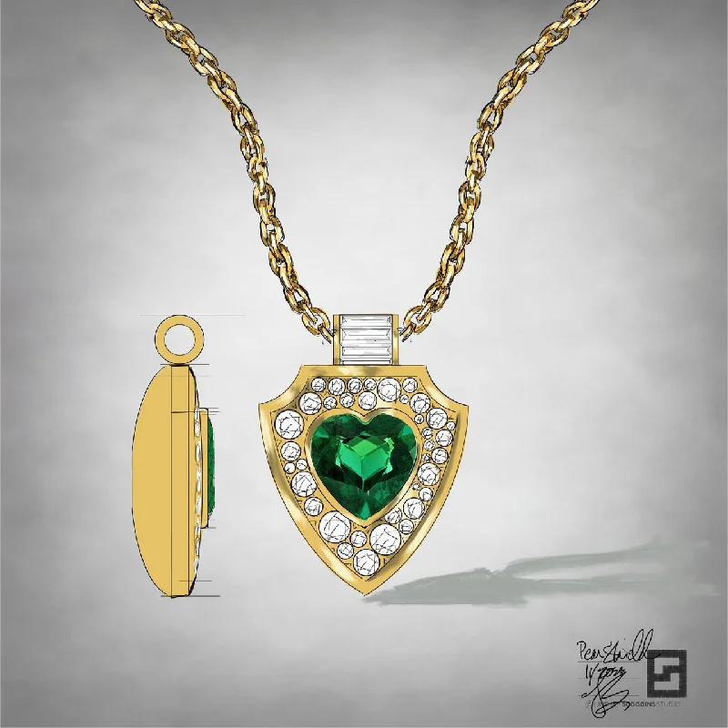 women's rose gold necklaces-SHIELD PENDANT NECKLACE WITH HEART SHAPED GREEN TOURMALINE