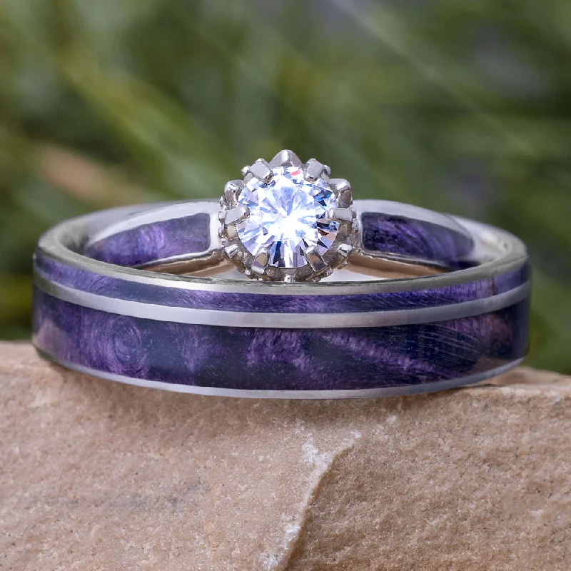 women's halo diamond engagement rings-Purple Box Elder Burl Wedding Ring Set, Moissanite Engagement Ring with Wood Band