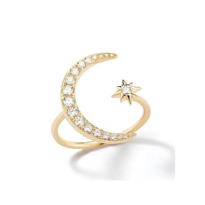 women's colored diamond engagement rings-Crescent Moon and Star Diamond Ring