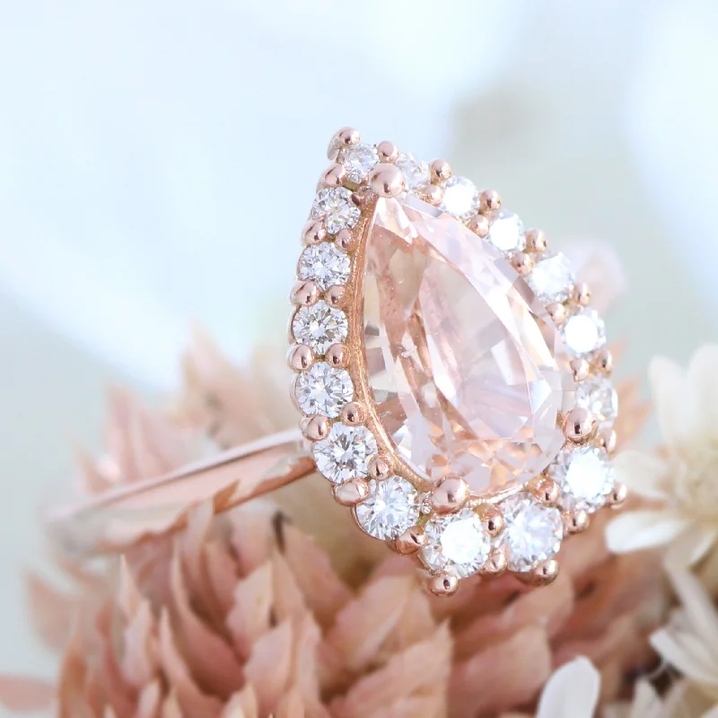 women's sapphire solitaire engagement rings-2.18 Ct Pear Morganite Diamond Ring in 14k Rose Gold Tiara Halo Tapered Band, Size 6.25