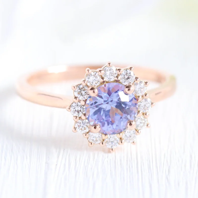 women's cushion-cut halo engagement rings-1.48 Ct Lavender Sapphire Engagement Ring in 14k Rose Gold Large Halo Diamond, Size 6.25