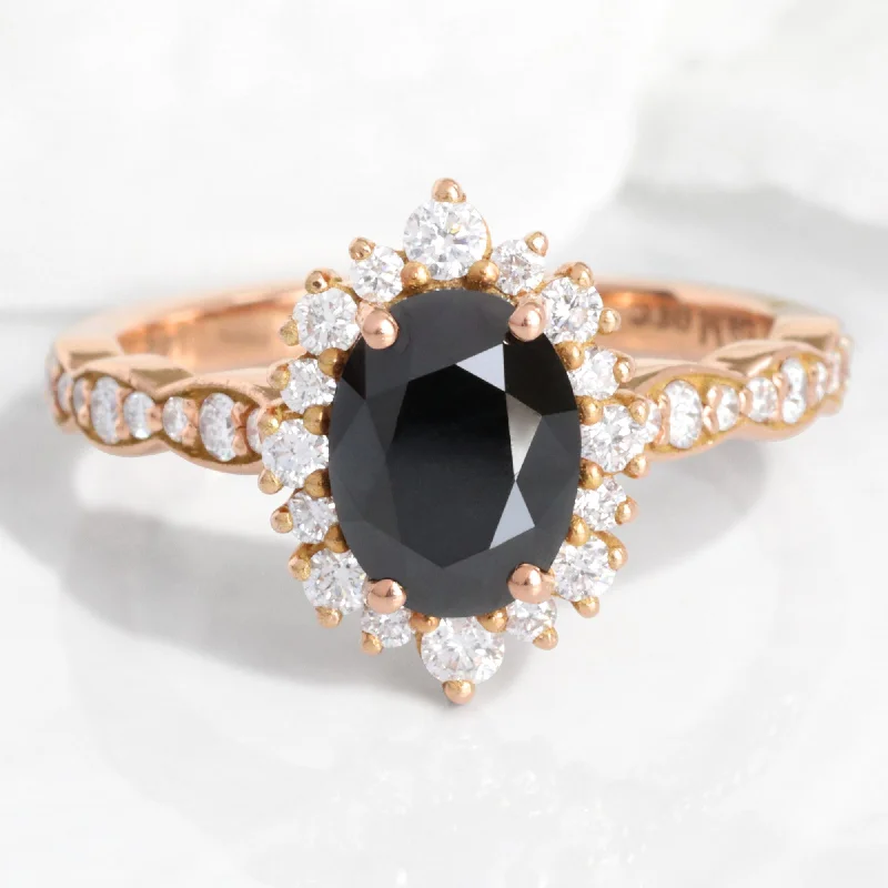 women's unique stone engagement rings-Oval Black Diamond Engagement Ring in Tiara Halo Diamond Scalloped Band