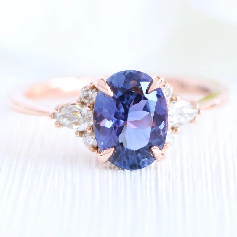 women's colored gemstone engagement rings-2.54 Ct Large Bluish Purple Sapphire Ring in 14k Rose Gold 3 Stone Diamond Ring, Size 6.25