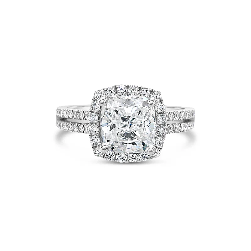 women's platinum solitaire engagement rings-Cushion Halo Diamond Engagement Ring with Split Shank