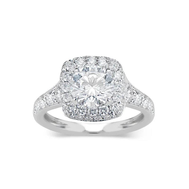 women's platinum and diamond engagement rings-Cushion Double Edge Halo Diamond Engagement Ring with Diamond Bridge