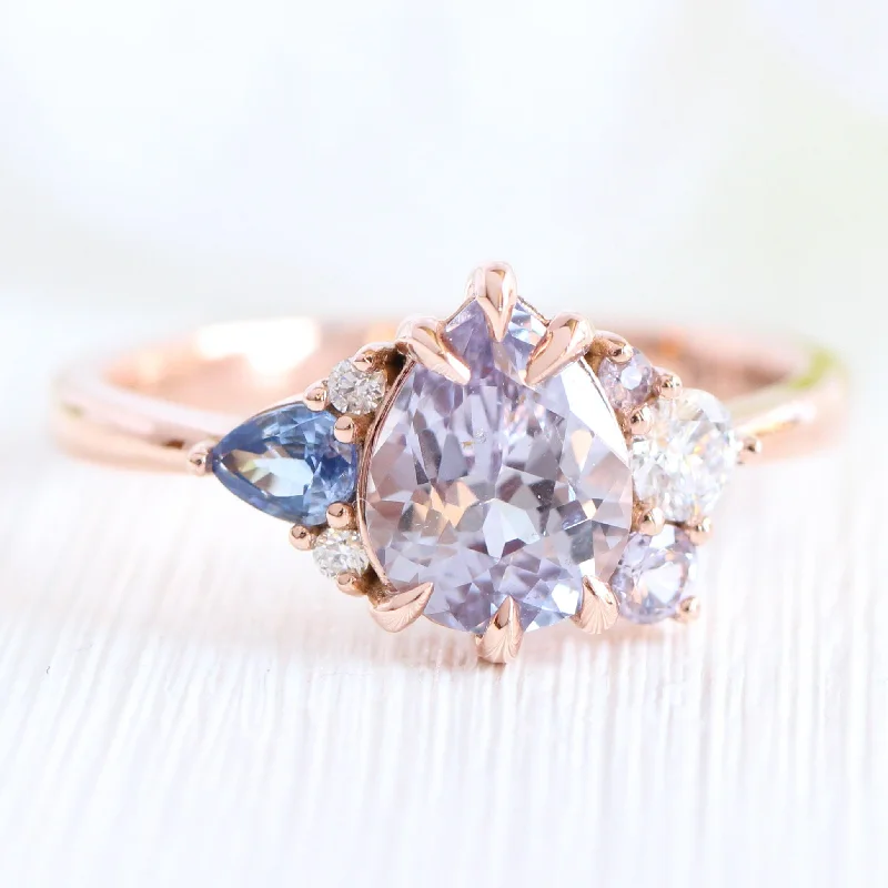 women's split shank engagement rings-1.92 Ct. Pear Lavender Sapphire Ring in 14k Rose Gold Cluster Diamond Ring, Size 6.5