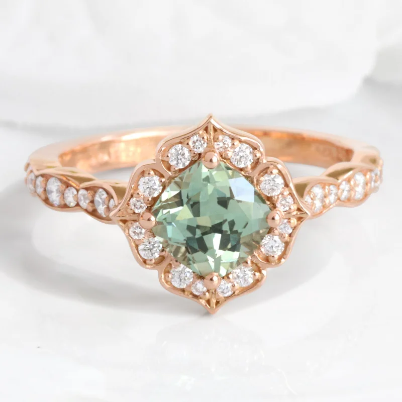 women's geometric design engagement rings-Green Sapphire Diamond Ring in 14k Rose Gold Mini Vintage Floral Size 6.5