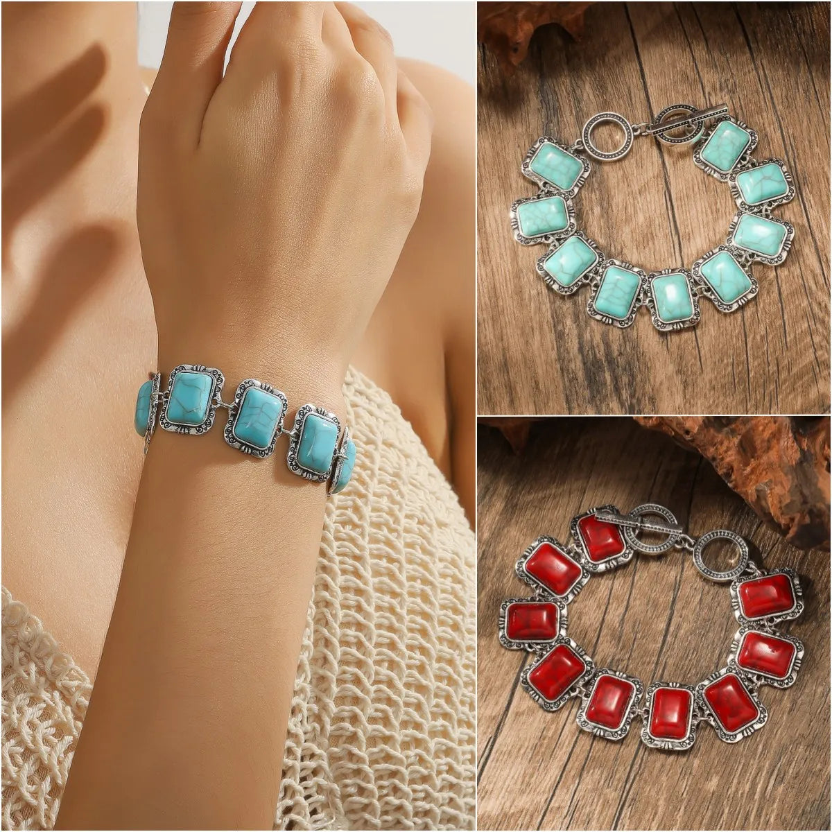 women's simple silver bangles-Retro Rectangle Alloy Toggle Plating Inlay Turquoise Bracelets