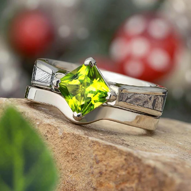 women's ethically sourced engagement rings-Peridot Bridal Set, Meteorite Engagement Ring With Matching Band