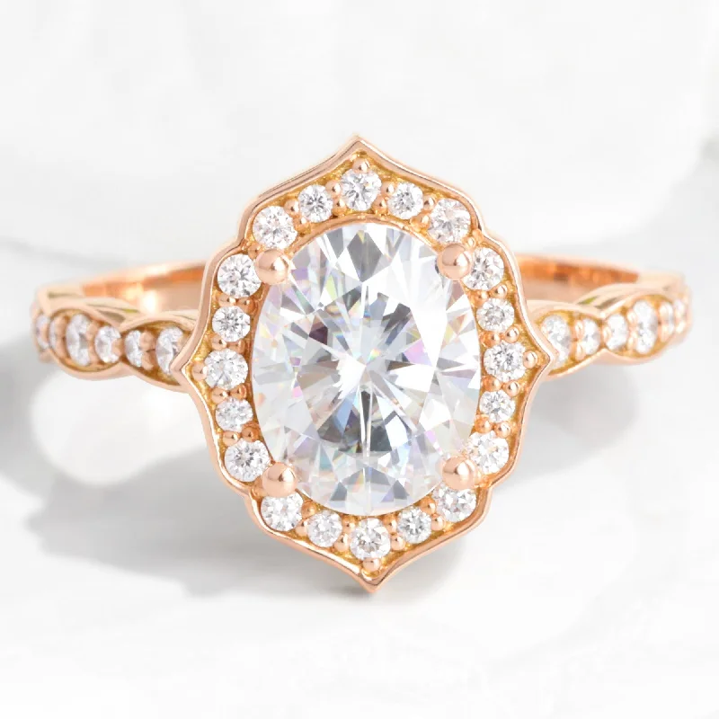 women's platinum engagement rings-Large Oval Moissanite Engagement Ring in Vintage Floral Diamond Band