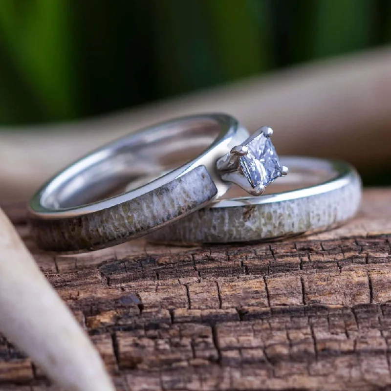 women's engraved engagement rings-Moissanite Bridal Ring Set, Antler Engagement Ring With Band