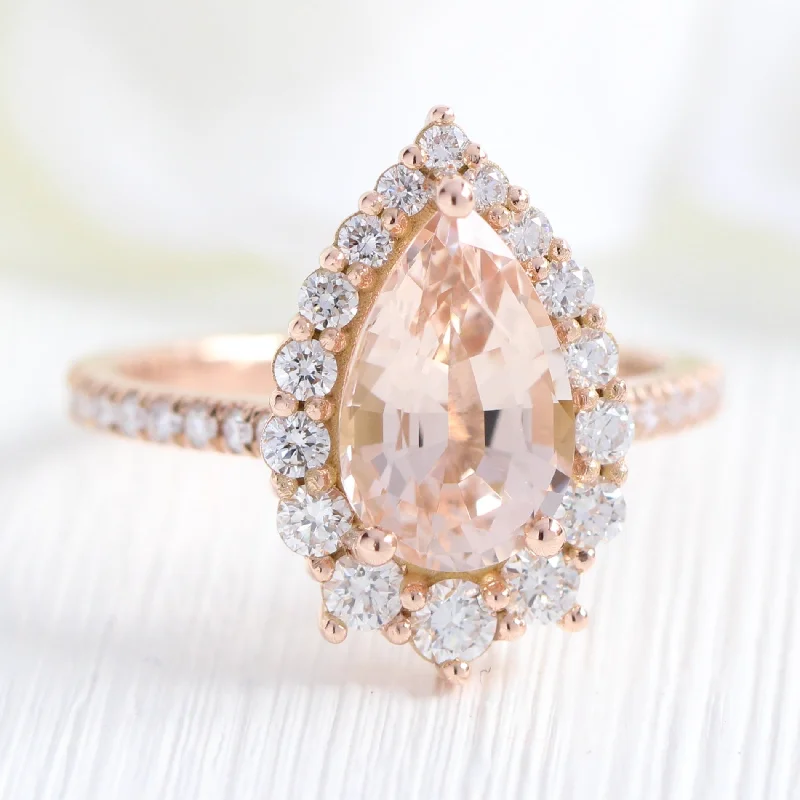 women's emerald engagement rings with diamonds-2.91 Ct Large Pear Morganite Diamond Ring in 14k Rose Gold Tiara Halo Pave Band, Size 6.25