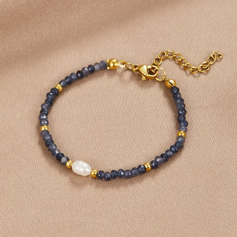 women's wide cuff bracelets-Navy Sodalite Pearl & Bead Bracelet