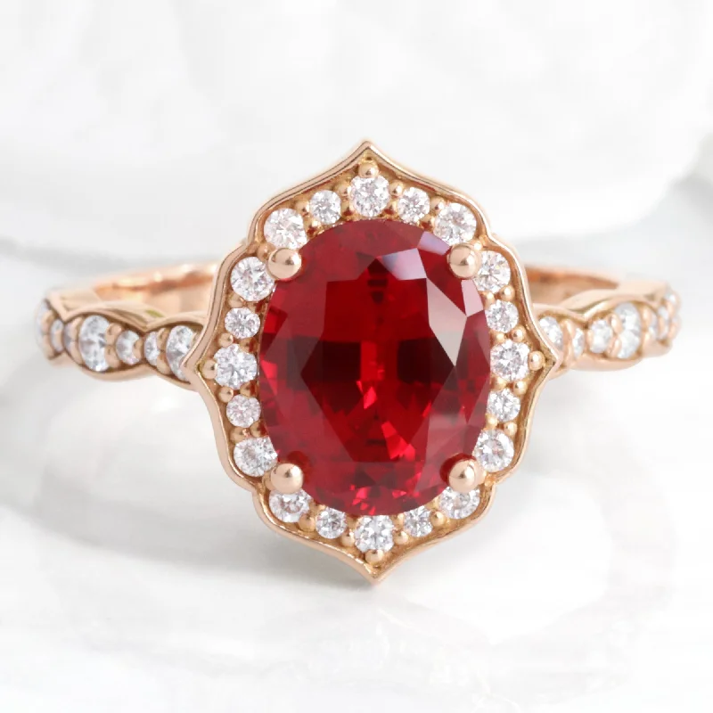 women's twist design engagement rings-Large Oval Ruby Diamond Ring in Vintage Floral Scalloped Band