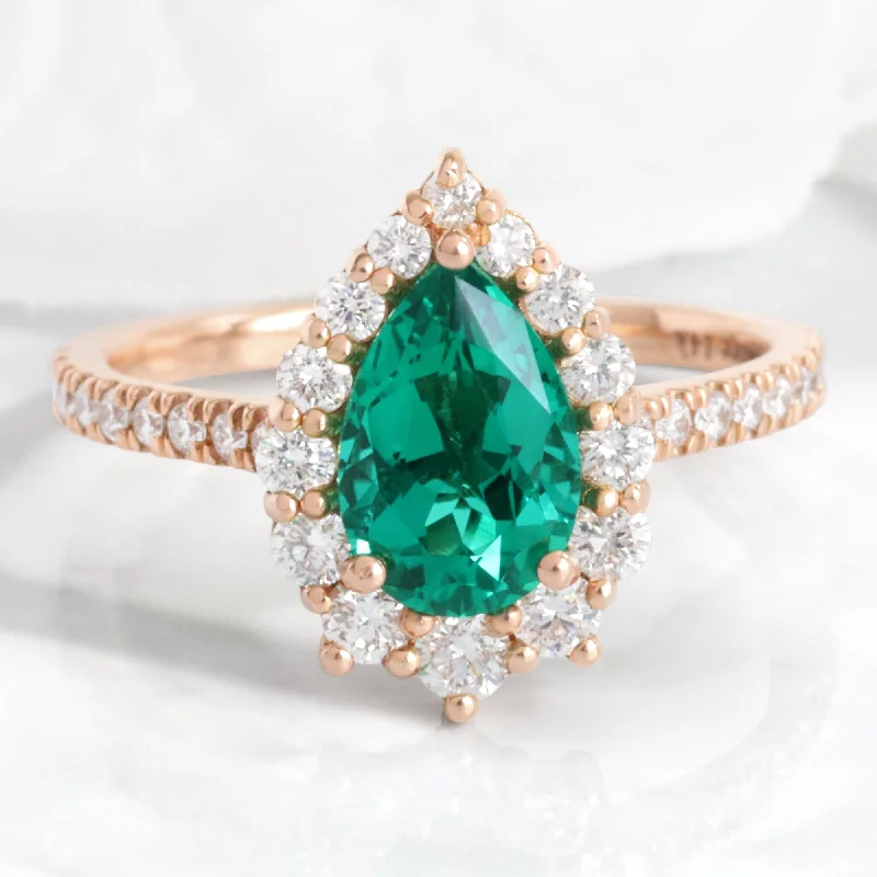 women's unique engagement rings-Large Pear Emerald Engagement Ring in Tiara Halo Diamond Pave Band