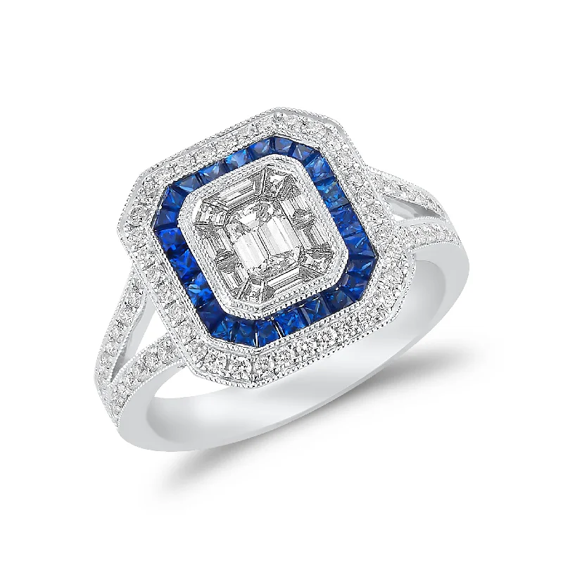 women's alternative engagement rings-Emerald Cut Diamond and Sapphire Engagement Ring