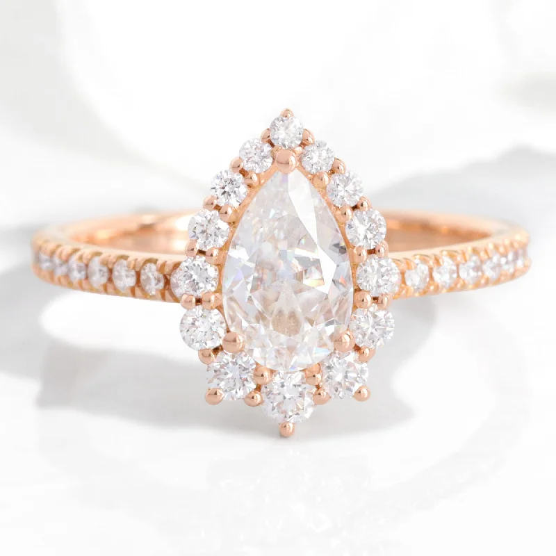 women's rose gold engagement rings with diamonds-Pear Moissanite Engagement Ring in Tiara Halo Diamond Pave Band