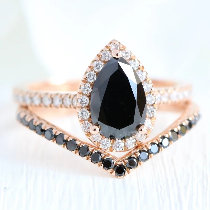 women's elegant engagement rings-Luna Halo Pear Black Diamond Ring Set w/ Chevron V Shaped Diamond Wedding Band