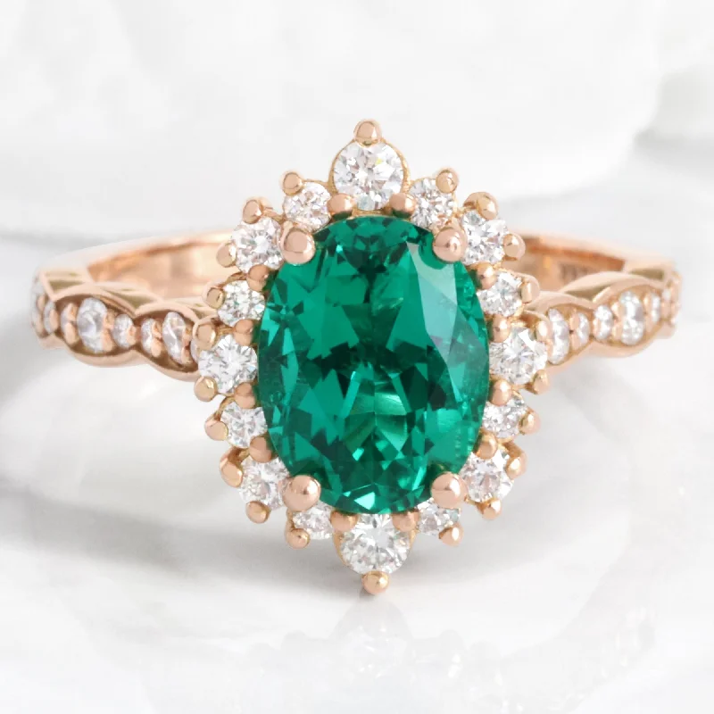 women's platinum diamond engagement rings-Large Oval Emerald Engagement Ring in Tiara Halo Diamond Scalloped Band