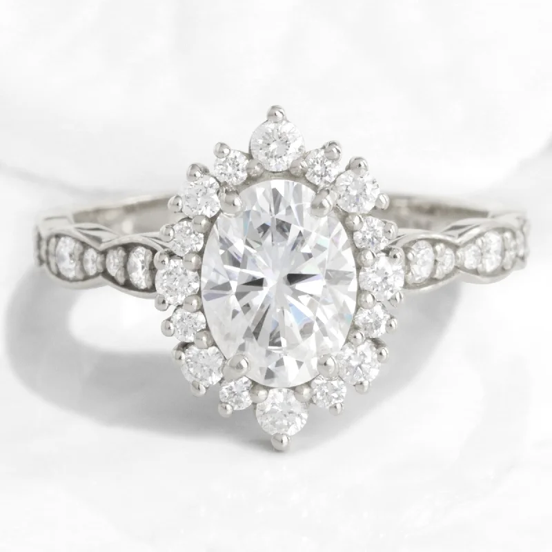 women's unique engagement rings with diamonds-Oval Moissanite Diamond Ring in 14k White Gold Tiara Halo Scalloped Band Size 6.25