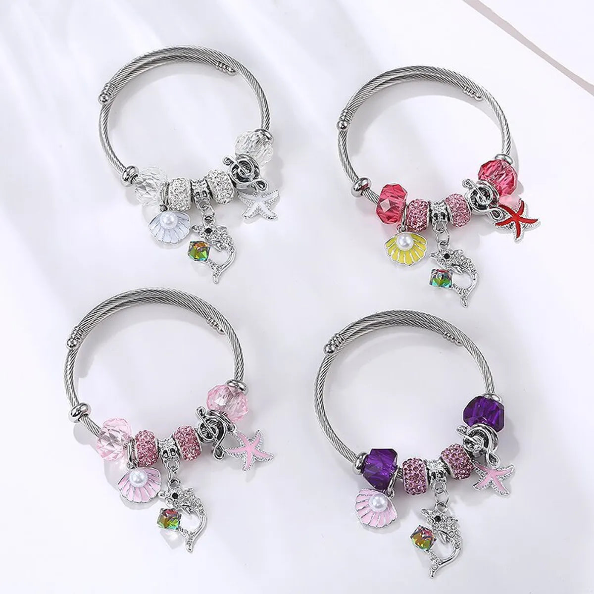 women's creative design bracelets-Cartoon Style Shell Stainless Steel Rhinestone Cuff Bracelets