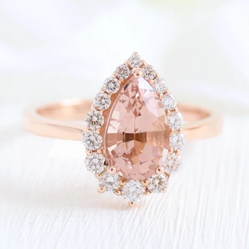 women's stylish engagement rings-2.10 Ct Pear Morganite Diamond Ring in 14k Rose Gold Tiara Halo Tapered Band, Size 6.25