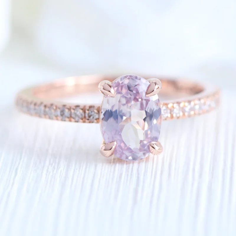 women's simple diamond engagement rings-1.42 Ct Oval Lavender Sapphire Diamond Ring in 14k Rose Gold Low Profile Ring, Size 6.25