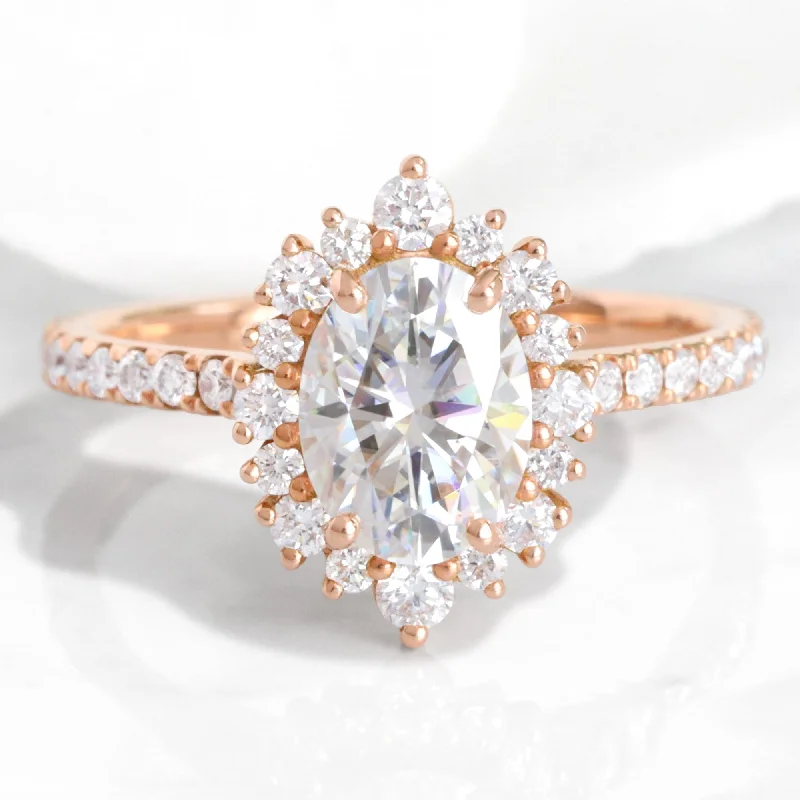 women's pear-shaped engagement rings-Oval Moissanite Engagement Ring in Tiara Halo Diamond Pave Band