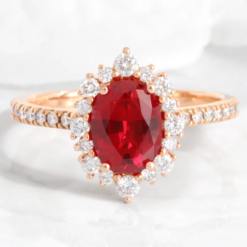 women's vintage style engagement rings-Oval Ruby Engagement Ring in Tiara Halo Diamond Pave Band