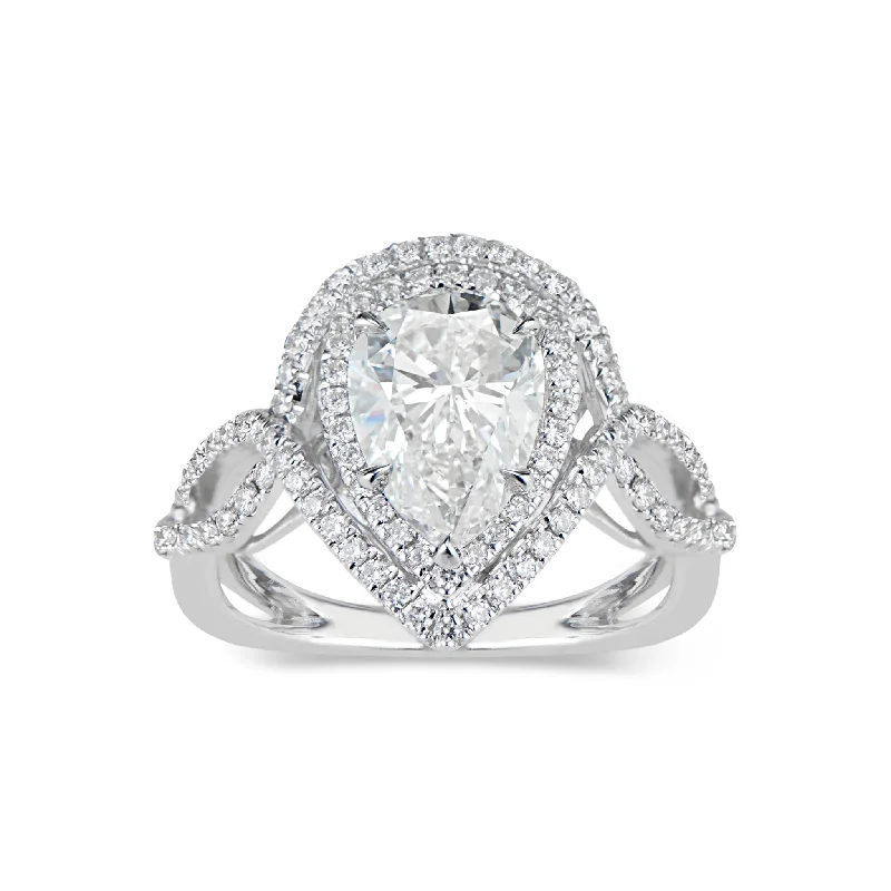 women's halo diamond engagement rings-Pear Double Halo Diamond Engagement Ring with Twisted Shank