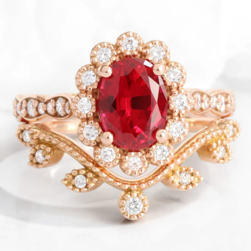 women's nature-inspired engagement rings-Oval Ruby Diamond Ring Bridal Set w/ Leaf Wedding Band in Vintage Luna Halo