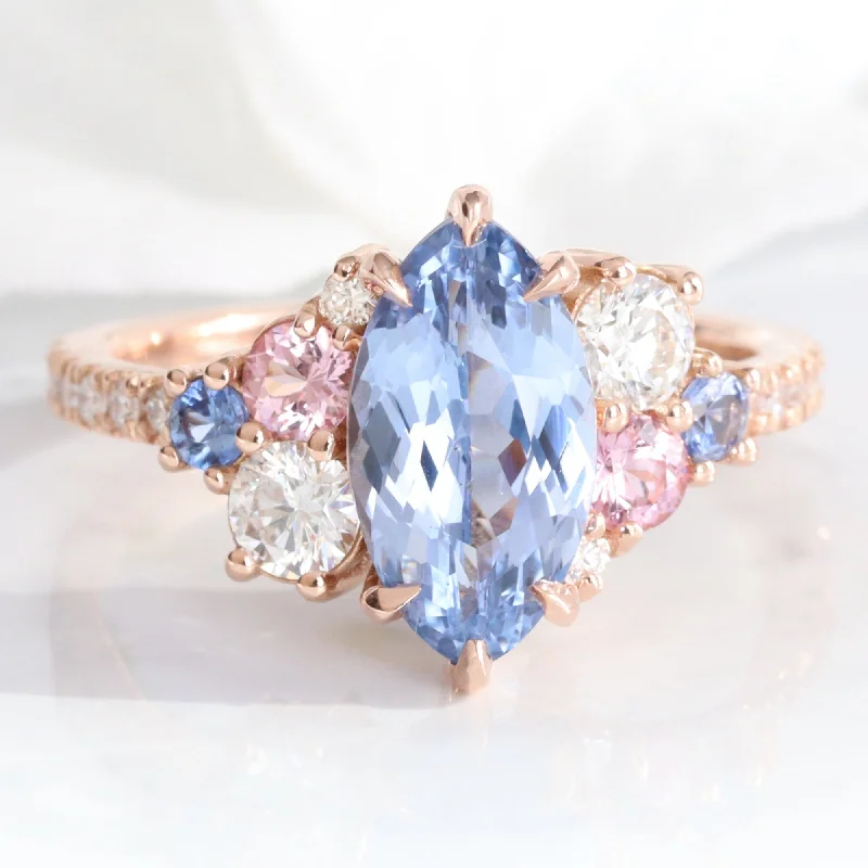 women's contemporary diamond engagement rings-3.10 Ct Marquise Blue Sapphire Ring in 14k Rose Gold Cluster Diamond Ring Size 6.5