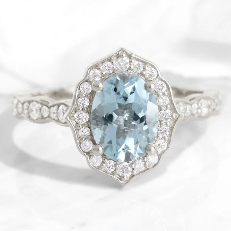 women's luxury diamond engagement rings-Oval Aquamarine Diamond Ring in 14k White Gold Vintage Floral, Size 6