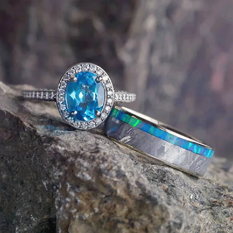 women's multi-stone engagement rings-Gibeon Meteorite Wedding Ring Set, Topaz Engagement Ring With Opal Wedding Band