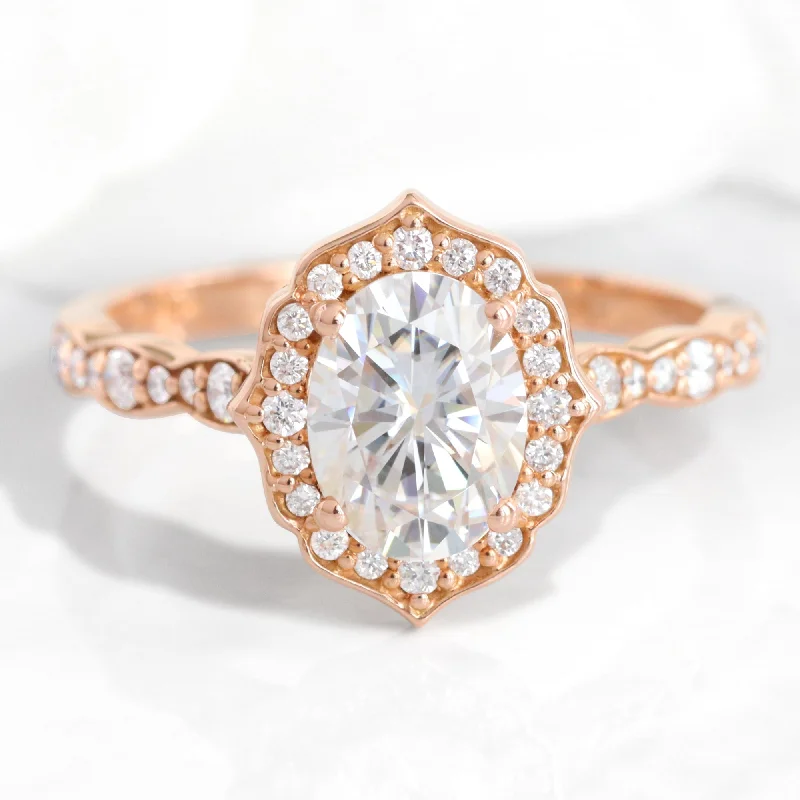 women's bridal engagement rings-Oval Moissanite Engagement Ring in Vintage Floral Diamond Band