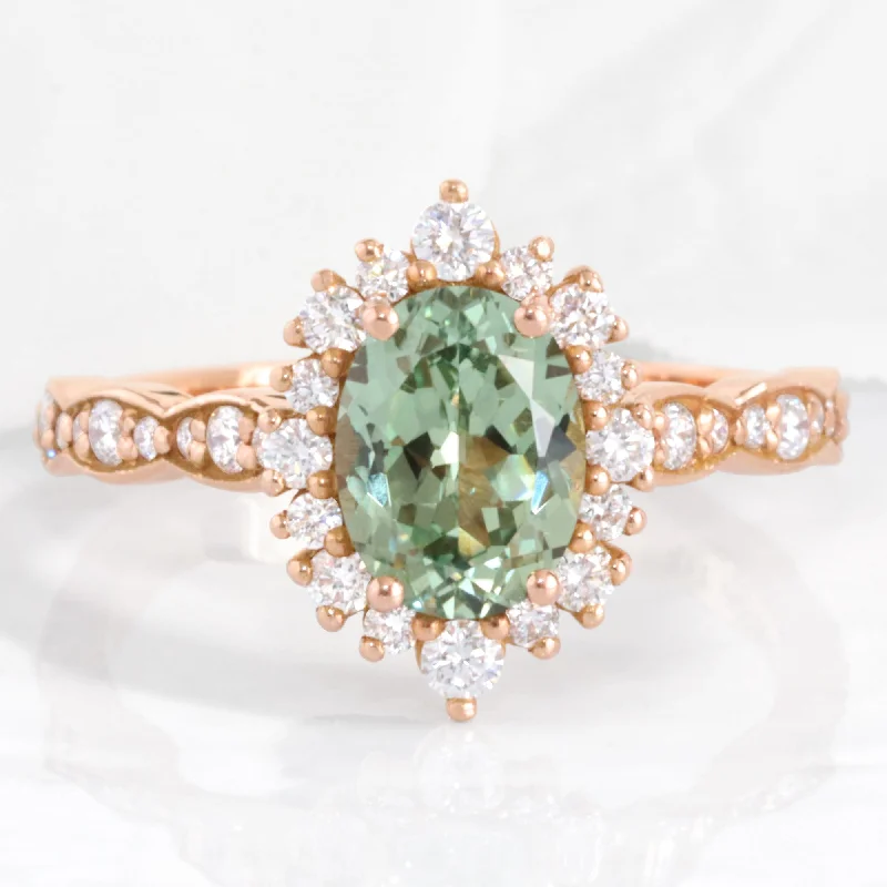 women's antique engagement rings-Oval Green Sapphire Engagement Ring in Tiara Halo Diamond Scalloped Band