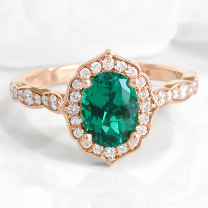 women's white gold engagement rings-Oval Emerald Diamond Ring in Vintage Floral Scalloped Band