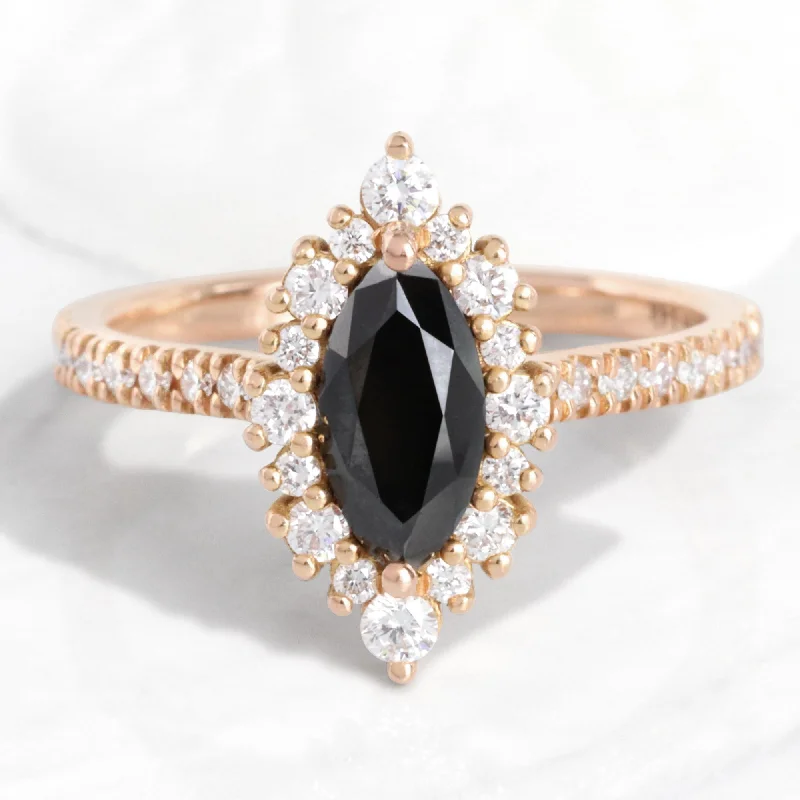 women's princess cut engagement rings-Marquise Black Diamond Ring in Tiara Halo Pave Band