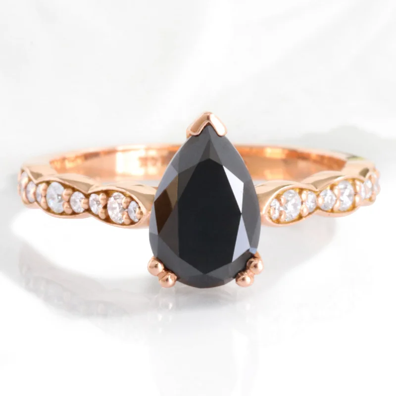 women's antique-style engagement rings-Pear Black Diamond Engagement Ring in Grace Solitaire Scalloped Band