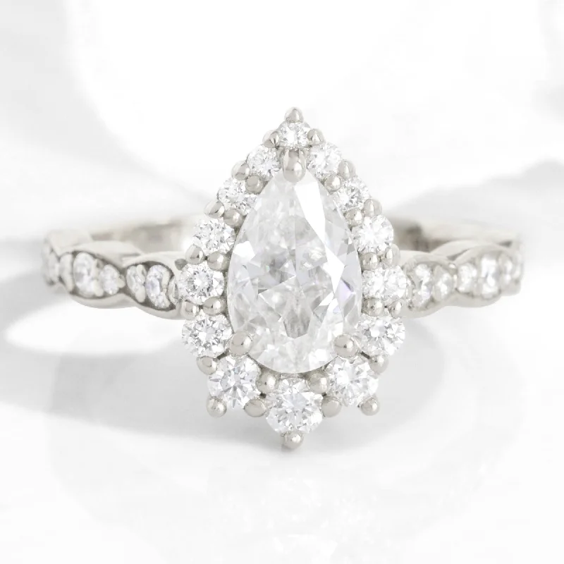 women's radiant cut engagement rings-Pear Moissanite Diamond Ring in 14k White Gold Tiara Halo Scalloped, Size 6.75