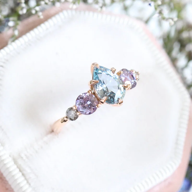 women's square diamond engagement rings-Pear Aqua Blue Sapphire Engagement Ring in 14k Rose Gold 5 Stone Ring, Size 6.5