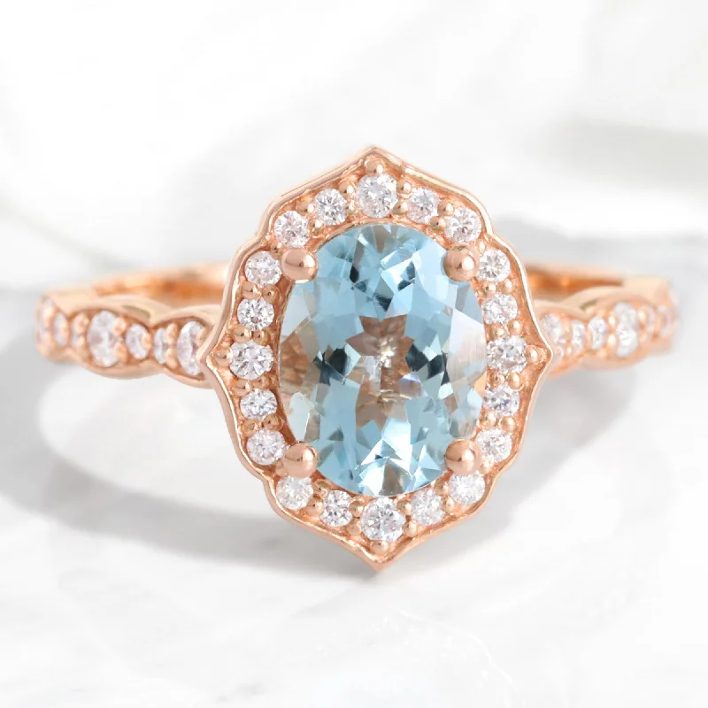 women's halo engagement rings-Oval Aquamarine Diamond Ring in Vintage Floral Scalloped Band