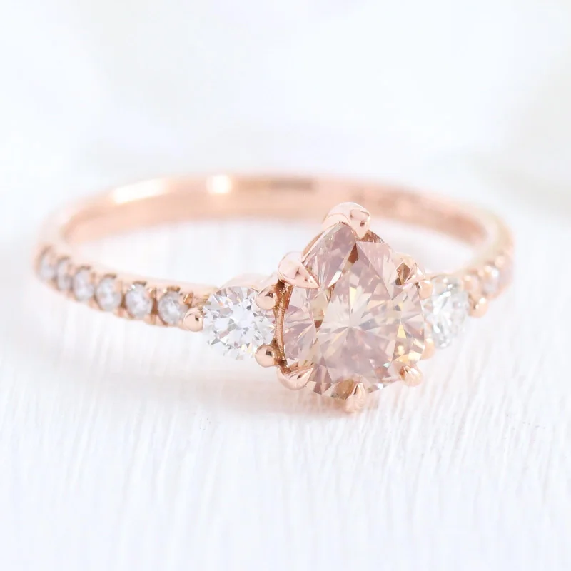 women's double halo engagement rings-1.29 Ct Pear Champagne Diamond Ring in 14k Rose Gold 3 Stone Pave Band, Size 6.5